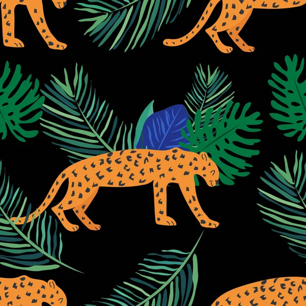 Tropikal palmiye yapraklı, leopar desenli, kusursuz çiçek desenli güzel bir vektör. Duvar kağıtları, web sayfası arkaplanları, yüzey dokuları, tekstil için mükemmel..