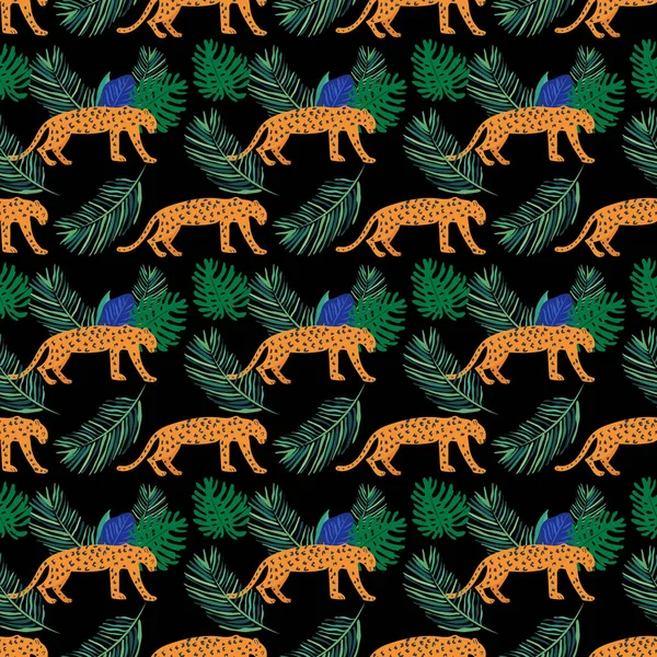 Tropikal palmiye yapraklı, leopar desenli, kusursuz çiçek desenli güzel bir vektör. Duvar kağıtları, web sayfası arkaplanları, yüzey dokuları, tekstil için mükemmel..