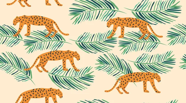 Леопардовий Візерунок Тропічним Листям Вектор Безшовна Текстура — стоковий вектор