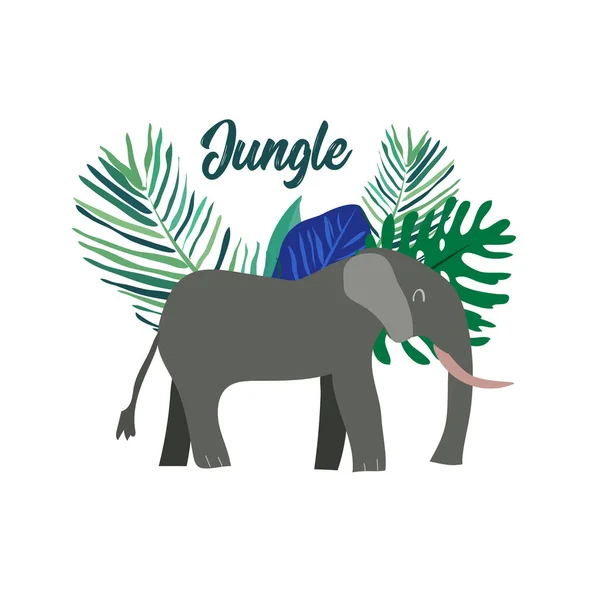 Elefante Della Giungla Con Foglie Tropicali Vettore — Vettoriale Stock