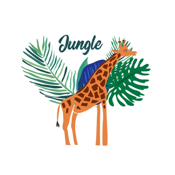 Giraffa Con Foglie Tropicali Vettore — Vettoriale Stock