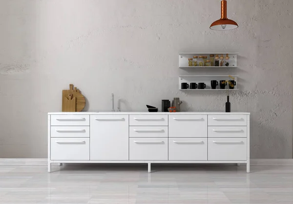 White porch, white stone wall, gray walnut parquet, White vase flower, empty wall kitchen design