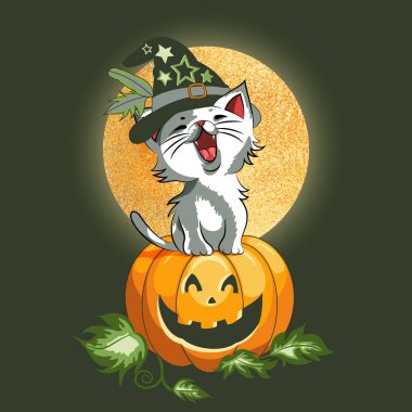 Ay 'ın arka planında bir balkabağının üzerinde oturan kedi