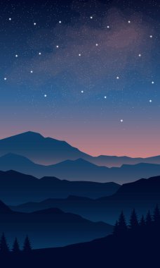 Dağların ve yıldızlı gökyüzünün arka planında orman silueti
