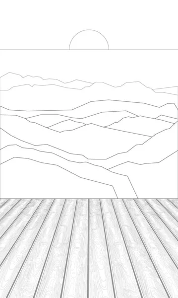 Coloriage Planches Bois Sur Fond Collines — Image vectorielle