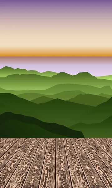 Zdjęcie Drewnianymi Deskami Tle Wzgórz Wschodzącego Słońca — Wektor stockowy