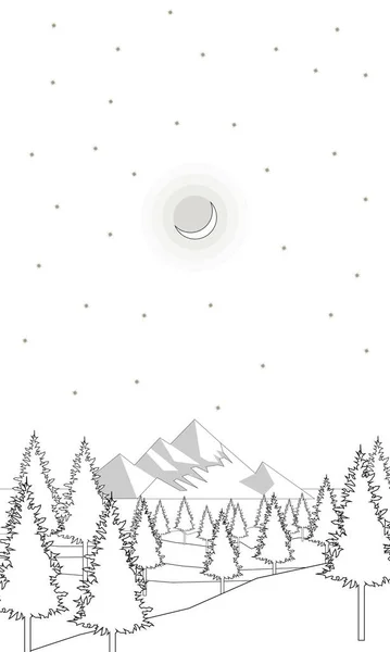 Coloriage Silhouette Forêt Sur Fond Montagnes Lune — Image vectorielle