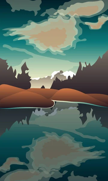 Изображение Озера Фоне Гор Лесов — стоковый вектор