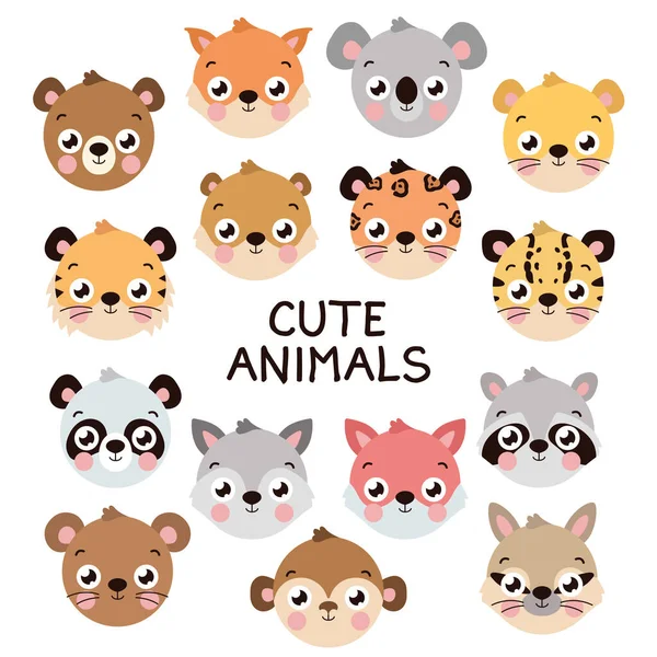 Cute different animal head set — Stock Vector