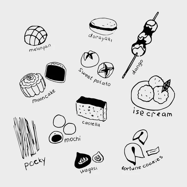 Ručně kreslené kolekce různých japonské jídlo. Line art sada potravin — Stockový vektor