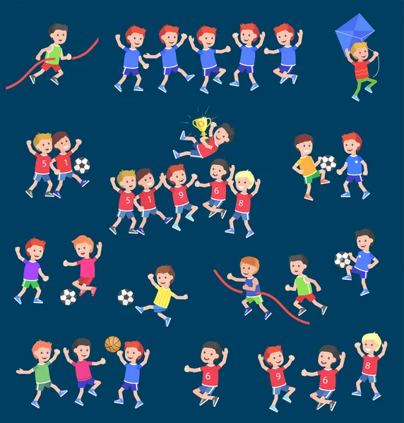 Lindo vector personaje niño jugando fútbol, baloncesto — Vector de stock