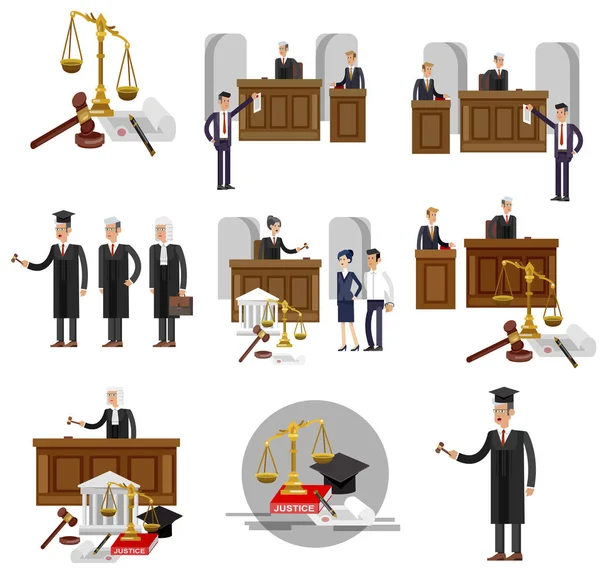 Legge Banner Orizzontale Con Elementi Del Sistema Giudiziario Carattere Dettagliato — Vettoriale Stock
