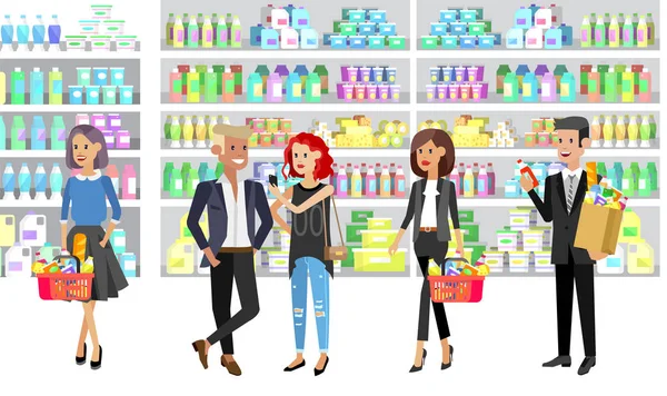 Bannière concept pour Shop. Personnages vectoriels dans les supermarchés — Image vectorielle