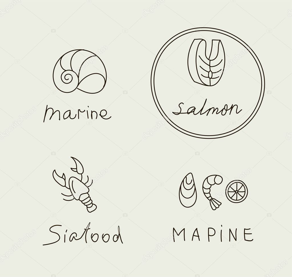 Hand drawn seafood icon - outline vector for restaurant menu. Editable stroke illustration