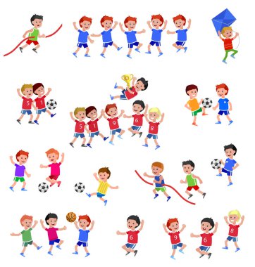 Futbol, basketbol oynayan sevimli vektör karakter çocuk
