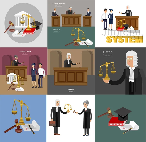 Ley horizontal banner conjunto con elementos del sistema judicial ilustración vectorial aislado — Vector de stock