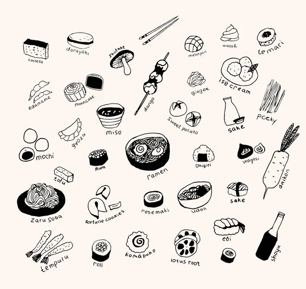 Japanese food. Line art set — Stock Vector