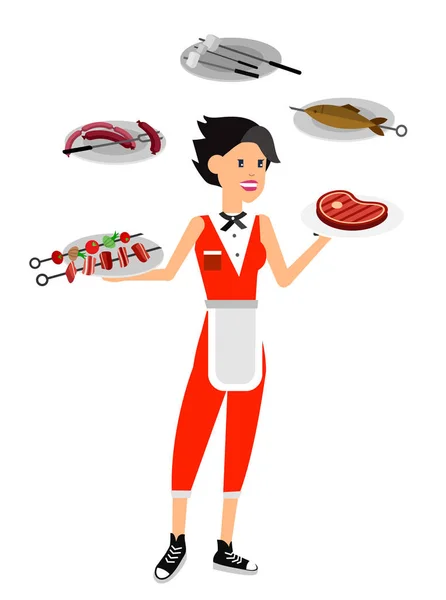Vektor Charakter Mädchen auf Picknick oder Grillparty. Koch kochen — Stockvektor
