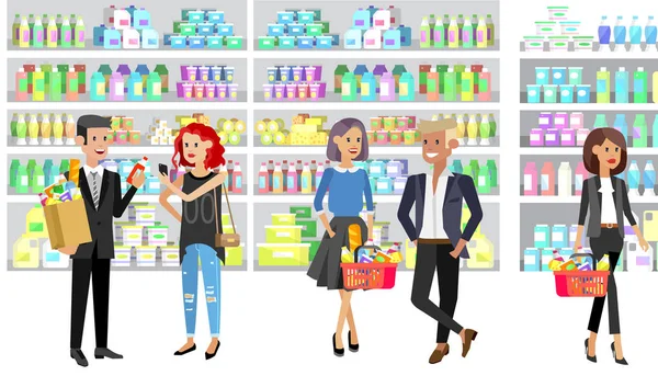 Bannière concept pour Shop. Personnages vectoriels dans les supermarchés — Image vectorielle