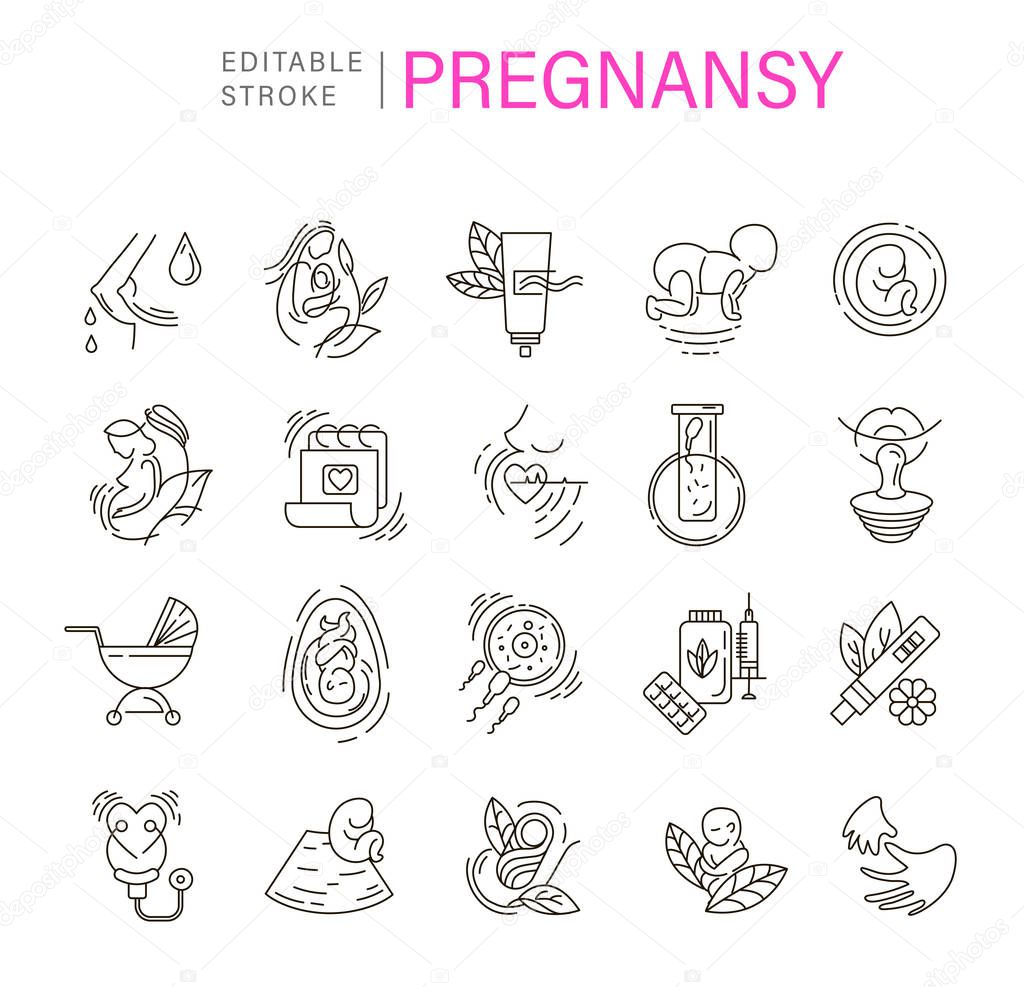Vector icon and logo for pegnancy and gynecology. Editable outline stroke size. Line flat contour, thin and linear design for adoption and babysitter. Simple icons. Concept illustration. Sign, symbol