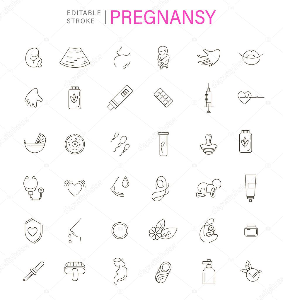 Vector icon and logo for pegnancy and gynecology. Editable outline stroke size. Line flat contour, thin and linear design for adoption and babysitter. Simple icons. Concept illustration. Sign, symbol