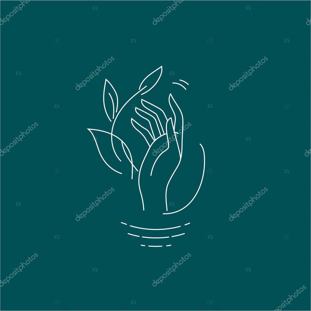 Vector icon and logo with hand for natural cosmetics and care dry skin. Editable outline stroke size. Line flat contour, thin and linear design. Simple icons. Concept illustration. Sign, symbol