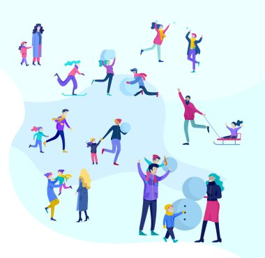 İnsanlar kış giysileri veya açık hava etkinlikleri eğlenceli gerçekleştirme dış giyim giyinmiş. Kar Festivali, halletme ve snowboard. Buz pateni, Kayak kardan adam yapma Noel aile Kayak