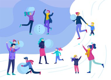 İnsanlar kış giysileri veya açık hava etkinlikleri eğlenceli gerçekleştirme dış giyim giyinmiş. Kar Festivali. Noel çift ve aile çocuklarla kardan adam, kış erkek ve kadın açık havada rahatlatıcı yapma