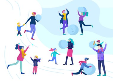 İnsanlar kış giysileri veya açık hava etkinlikleri eğlenceli gerçekleştirme dış giyim giyinmiş. Kar Festivali. Noel çift ve aile çocuklarla kardan adam, kış erkek ve kadın açık havada rahatlatıcı yapma