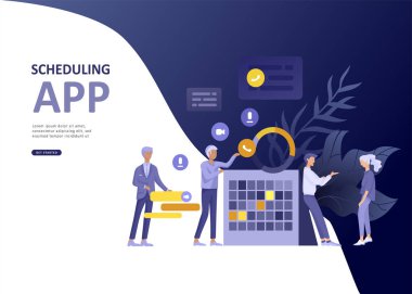 Açılış sayfası şablonu insanlar iş zamanlama app, birleşme, yatırım stratejileri, kariyer büyüme, araştırma ve geliştirme planlama stratejik ayarla