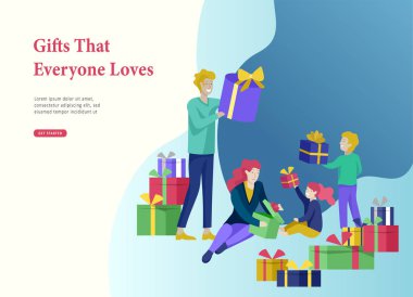 Açılış sayfası şablonu tebrik kartı kış tatil. Mutlu Noeller ve mutlu yeni yıl web sitesi. İnsanların karakterlerini aile hediyesi vermek, hediye açmak