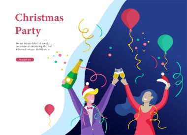 Sayfa şablonu veya kart kış açılış şirket parti tatil. Neşeli Noel ve mutlu yeni yıl insanların karakterleri ile. Şirket genç arkadaşlar veya iş arkadaşları kutluyor
