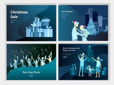 Sayfa şablonu veya tebrik kartı, Noel ağacı süsleme aile açılış kümesi. Mutlu Noeller, mutlu yeni yıl şirket veya arkadaş parti. Karakter romantik çift tr. Çok hediye