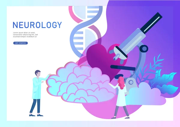 Концепция генетики неврологии. Плоский стиль маленькие люди врачи команда врачей работает, строит ДНК, исследуя Дезоксирибонуклеиновой кислоты. Мозг, творческий ум — стоковый вектор