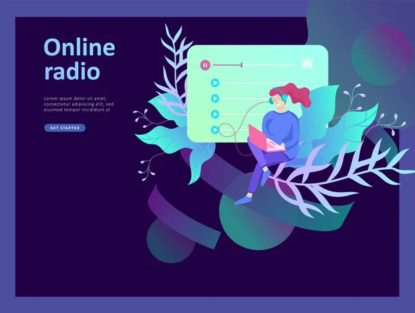 Concetto di internet online radio streaming di ascolto, le persone si rilassano ascoltare danza. Applicazioni musicali, playlist canzoni online, stazione radio . — Vettoriale Stock
