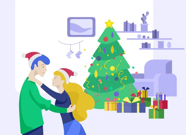 Modèle de page de débarquement ou carte de voeux Vacances d'hiver. Joyeux Noël et bonne année site Web avec des personnages heureux couple romantique dans l'amour câlins — Image vectorielle