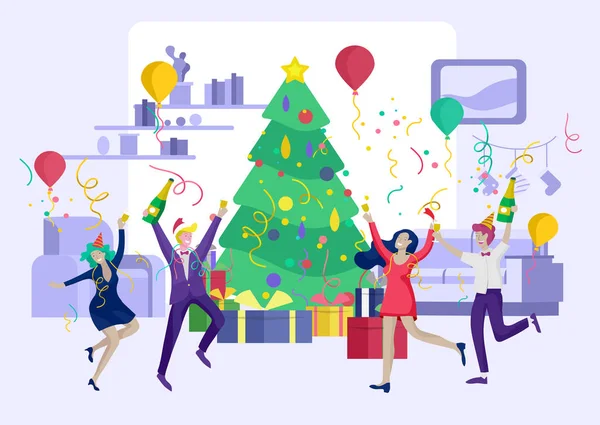 Tarjeta de invierno Vacaciones fiesta corporativa. Feliz Navidad y Feliz Año Nuevo con Personajes de Personas. Compañía de jóvenes amigos o colegas — Vector de stock