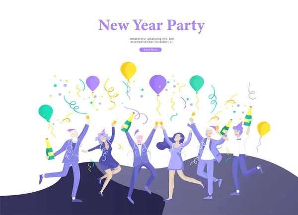 Landing page template or card winter Holidays corporate Party. Merry Christmas and Happy New Year with People Characters. Company of young friends or colleagues celebrates — Stock Vector