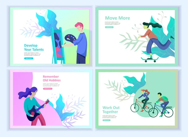 Set of Landing page templates for hobby blog. People enjoying their hobbies, dancing, riding a scooter, paint walls and a picture, play the guitar, cooking. — Stock Vector