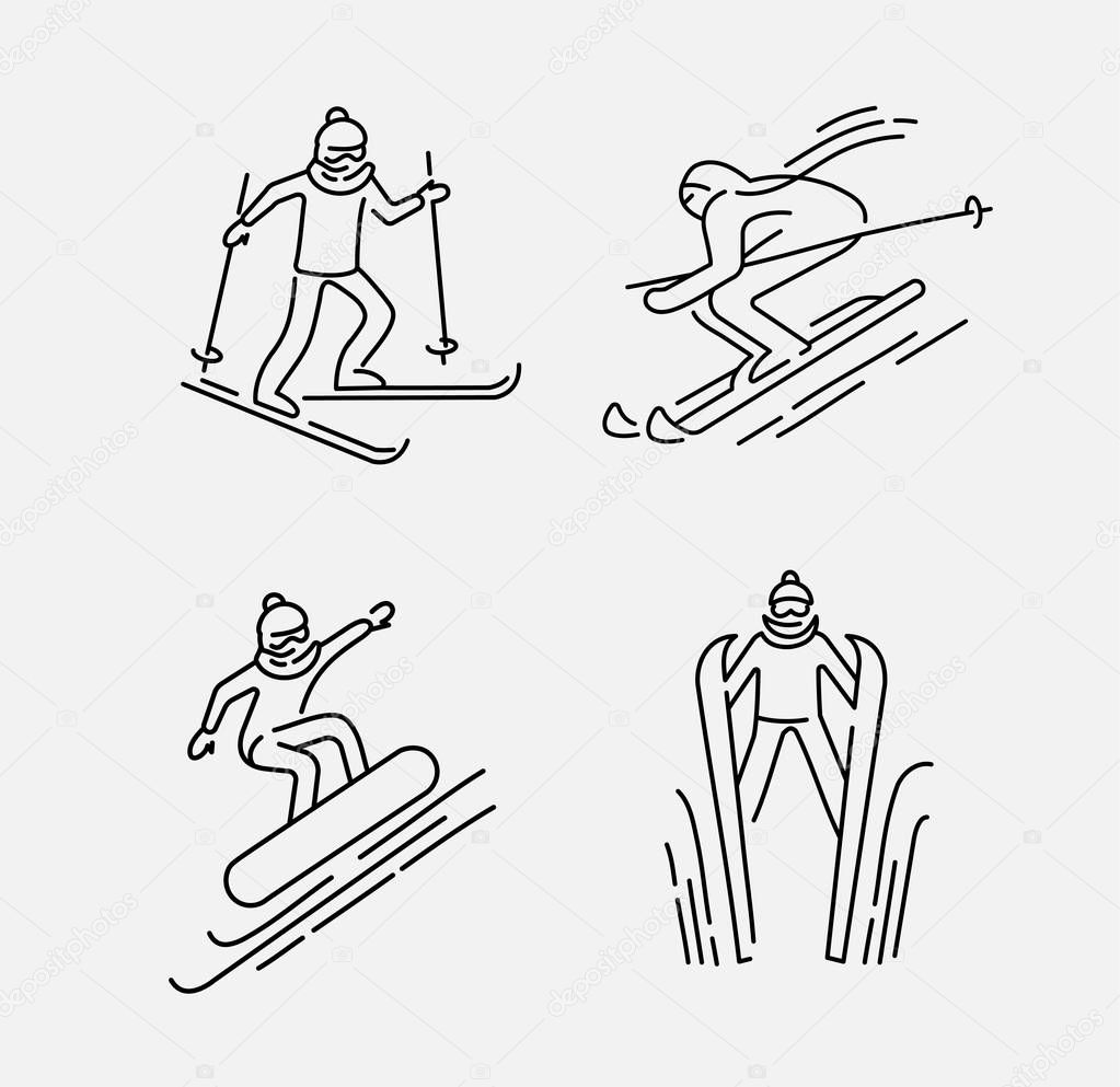 Vector icon and logo for snowboarding and skiing or other winter sports. Editable outline stroke size. Line flat contour, thin and linear design. Simple icons. Concept illustration. Sign, symbol