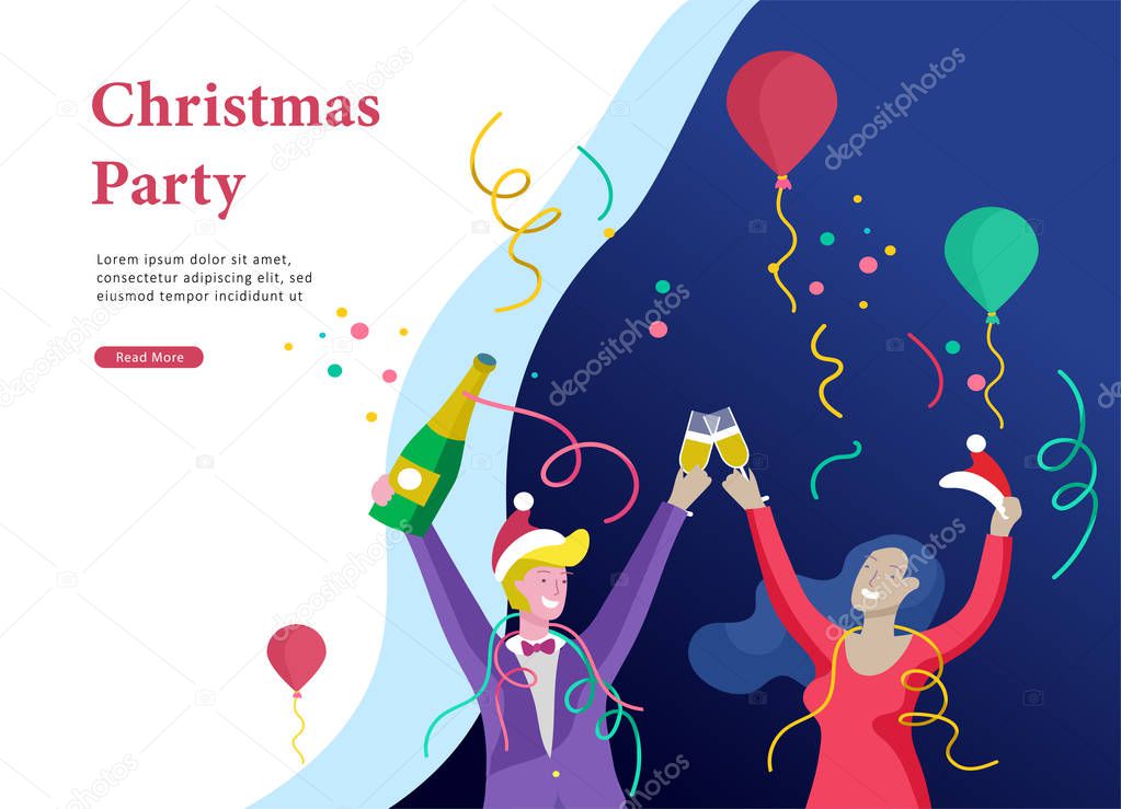 Landing page template or card winter Holidays corporate Party. Merry Christmas and Happy New Year with People Characters. Company of young friends or colleagues celebrates