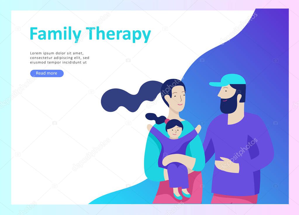 Landing page templates happy family, travel and psychotherapy, family health care, goods entertainment for mother father and their children. Parents with daughter and son have fun togethers