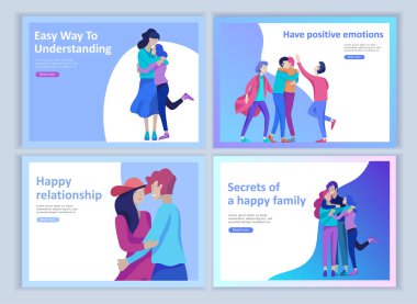 Açılış sayfası şablonları pozitif psikoloji, grup aile Psikoterapi için küme. Mutlu arkadaş karakter var olumlu duygular, mutluluk için yol