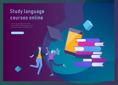 Online dil kursları, uzaktan eğitim, eğitim için açılış sayfası şablonları. Dil arabirimi öğrenme ve kavram öğretim.
