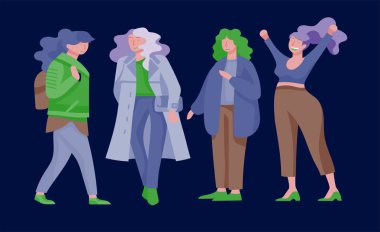 Ayrıca beden kadınlar şık kılığına girmiş. Küme curvy kız trendy kıyafetler giyiyor. Mutlu karakter. Bodypositive konsept illüstrasyon