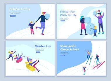 Açılış sayfası şablonları kümesi. İnsanlar kış giysileri veya açık hava etkinlikleri eğlenceli gerçekleştirme dış giyim giyinmiş. Kar Festivali, halletme veya snowboard. Noel aile kayak buz pateni, Kayak aşırı