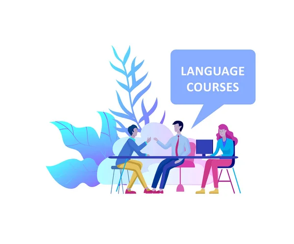Online dil kursları, uzaktan eğitim, eğitim. Dil arabirimi öğrenme ve kavram öğretim. — Stok Vektör