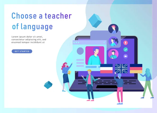 Plantillas de landing page para cursos de idiomas en línea, educación a distancia, formación. Interfaz de aprendizaje de idiomas y concepto de enseñanza . — Vector de stock