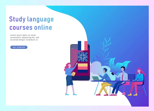 Modelos de landing page para cursos de idiomas online, educação a distância, treinamento. Interface de Aprendizagem de Línguas e Conceito de Ensino . — Vetor de Stock