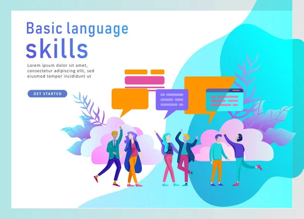 Plantillas de landing page para cursos de idiomas en línea, educación a distancia, formación. Interfaz de aprendizaje de idiomas y concepto de enseñanza . — Vector de stock